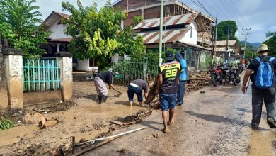 Masyarakat bekerja bakti membersihkan lumpur dan batang pohon yang menutup Jalan Trans Lite, Waiwerang Kota, Rabu (7/4/2021). Foto : Antara/Andi Firdaus