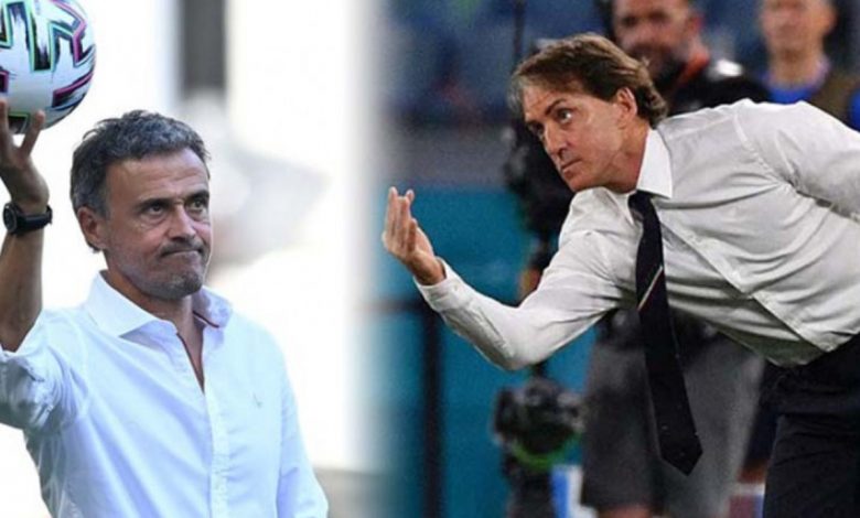 Pelatih Timnas Spanyol Luis Enrique dan Pelatih Timnas Italia Roberto Mancini. Foto : Antara/Juns
