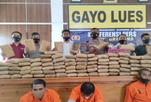 Polres Gayo Lues saat memperlihatkan barang bukti dan tersangka penyelundupan 158 kg ganja kering ke Binjai Sumut, di Gayo Lues, Jumat (12/11/2021). Foto : Humas Polres Gayo Lues