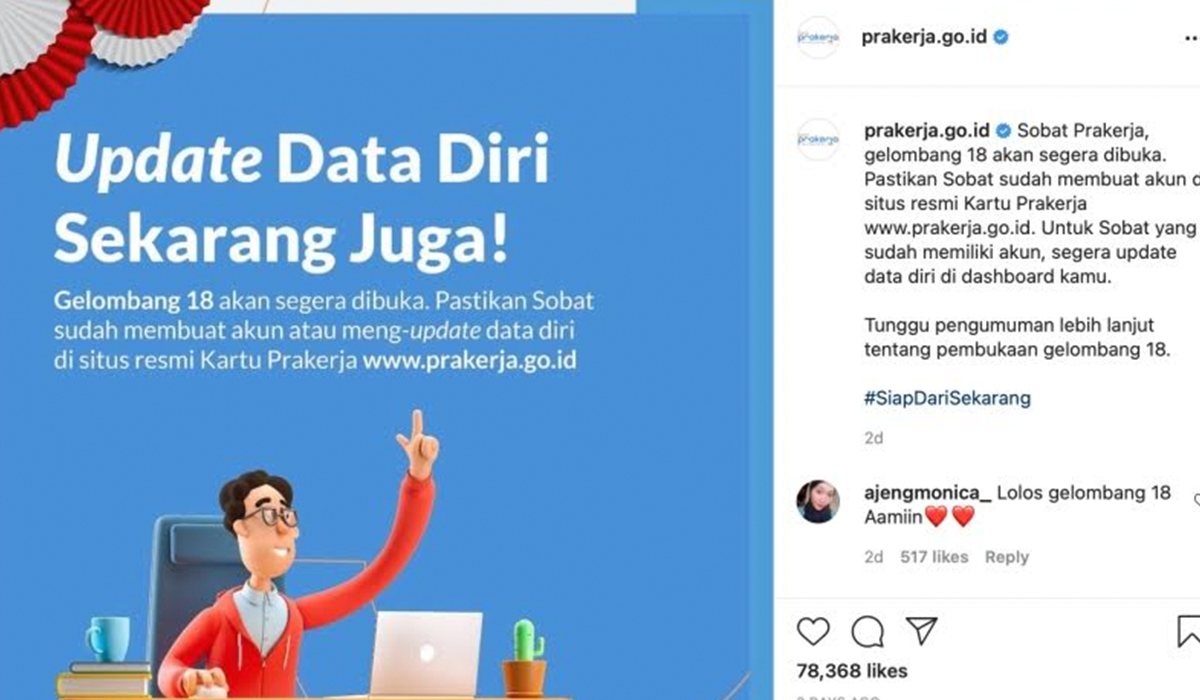 Tangkapan layar - Akun Instagram Kartu Prakerja yang mengumumkan rencana pembukaan Program Kartu Prakerja Gelombang 18. Para pencari kerja diarahkan untuk mengakses www.prakerja.go.id.